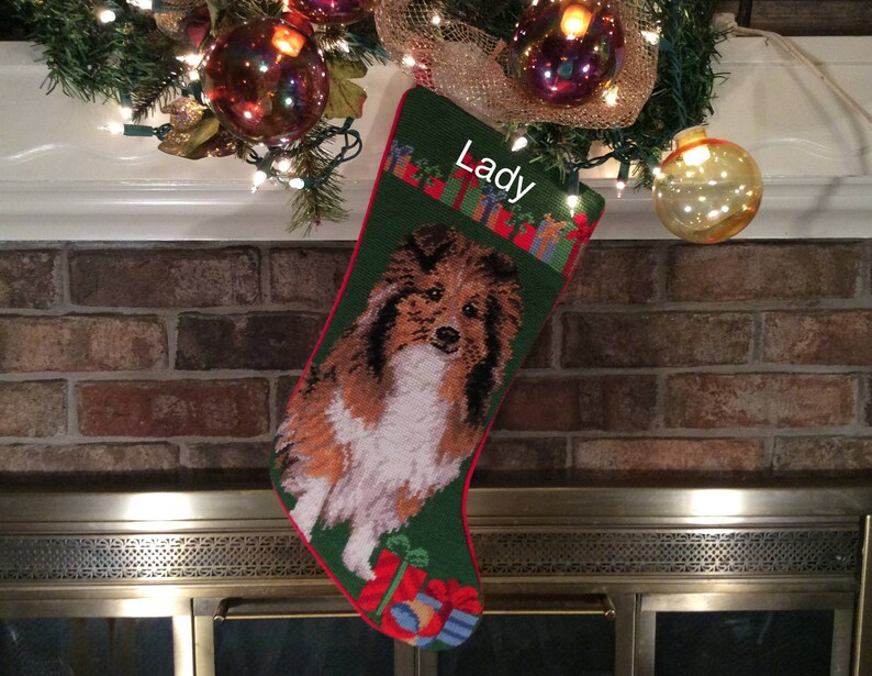 Shetland Sheepdog stocking Sheltie needlepoint Christmas stockings dog stocking Personalized Christmas stockings Sheltie dog stocking
