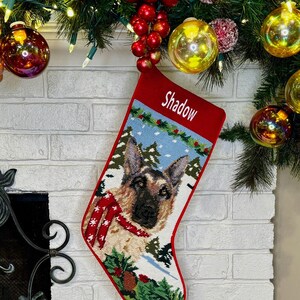 German Shepherd Personalized Needlepoint Dog Christmas Stocking, Holiday Pet stockings, Personalized Seasonal Gift for Her, Dog Stocking image 2