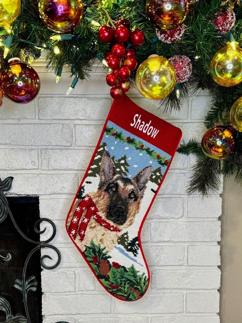 German Shepherd Personalized Needlepoint Dog Christmas Stocking, Holiday Pet stockings, Personalized Seasonal Gift for Her, Dog Stocking image 2