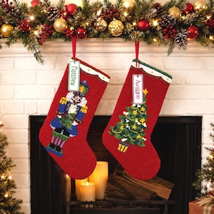 Personalized Hooked Christmas Stockings | Red Nutcracker & Tree Holiday Family Decor