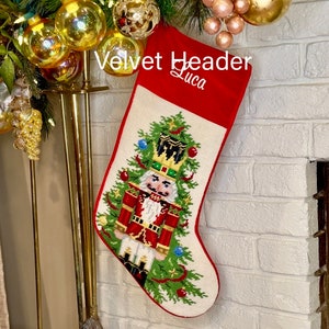 Nutcracker w/Tree Christmas stocking, Personalized Needlepoint stockings, Embroidered Family Holiday Monogrammed Christmas Seasonal Decor