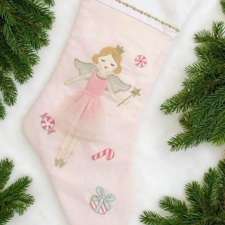 Personalized Pink Christmas Stocking: Applique Design, Baby's First Christmas