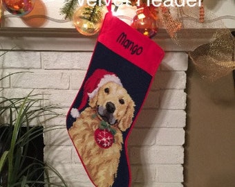 Cute Golden Retriever Personalized Needlepoint Christmas Stocking for Family dog stockings Monogrammed Gifts for Dog Lover Golden Retriever
