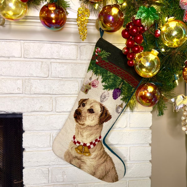 Yellow Lab w/Collar Personalized Needlepoint Christmas Stocking, dog Christmas Stockings, holiday dog lover, personalised monogrammed, pet