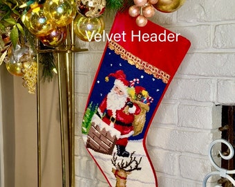 Santa on Chimney Personalized Needlepoint Christmas Stockings, Personalised Christmas Stockings,  Family Holiday stocking