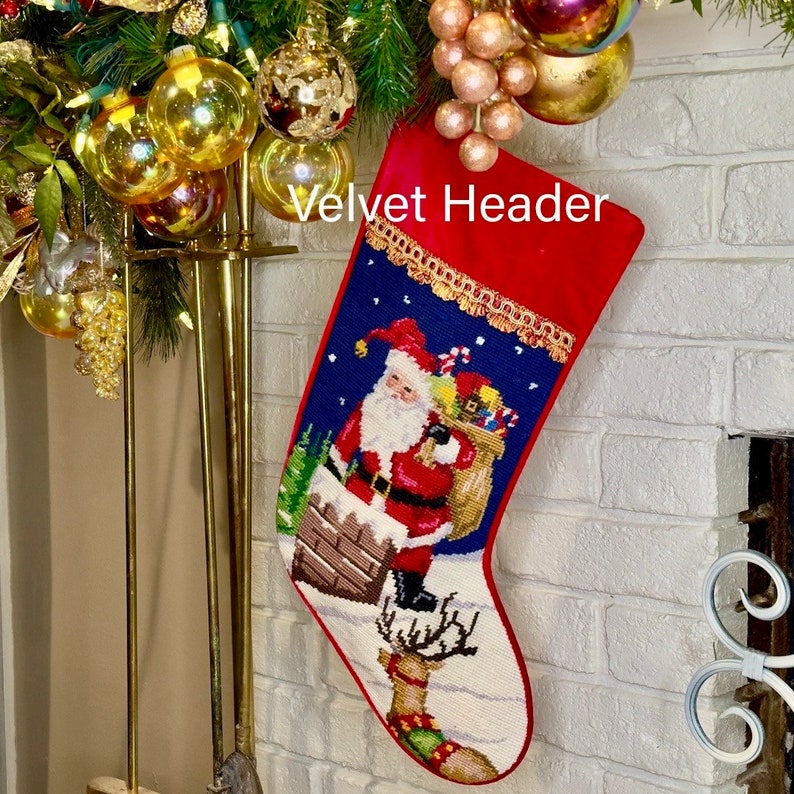 Santa on Chimney Personalized Needlepoint Christmas Stockings, Personalised Christmas Stockings, Family Holiday stocking image 1