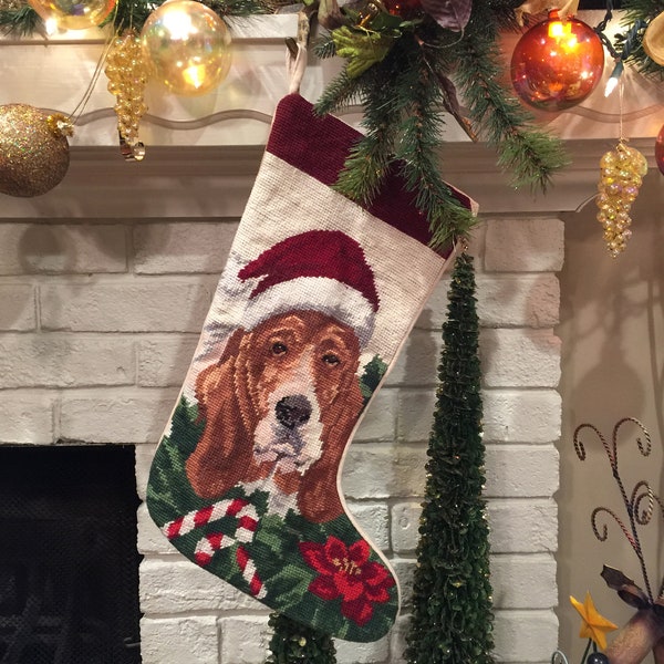 Basset Hound Personalized Christmas Stocking Dog Needlepoint Christmas family pet holiday stocking for her gift Christmas Gift for Him