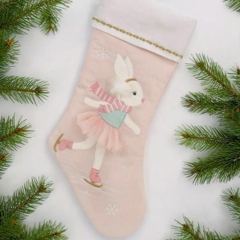Personalized Pink Christmas Stocking: Applique Design, Baby's First Christmas
