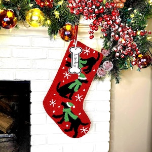 Black Lab Personalized Christmas Stockings,  Dog Lovers gifts,  Hooked Black Lab Seasonal Holiday Gifts for Her, Personalized Dog Name Tag