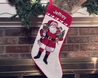 Christmas Puppies Personalized Christmas Stocking | Needlepoint Christmas stockings Personalized | Family Holiday | Children Santa Stockings