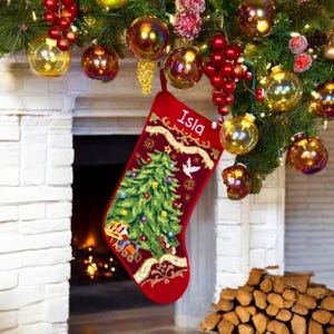 Christmas Tree Stocking | Personalized Needlepoint Family Holiday Stockings | Monogrammed Gift for Her |