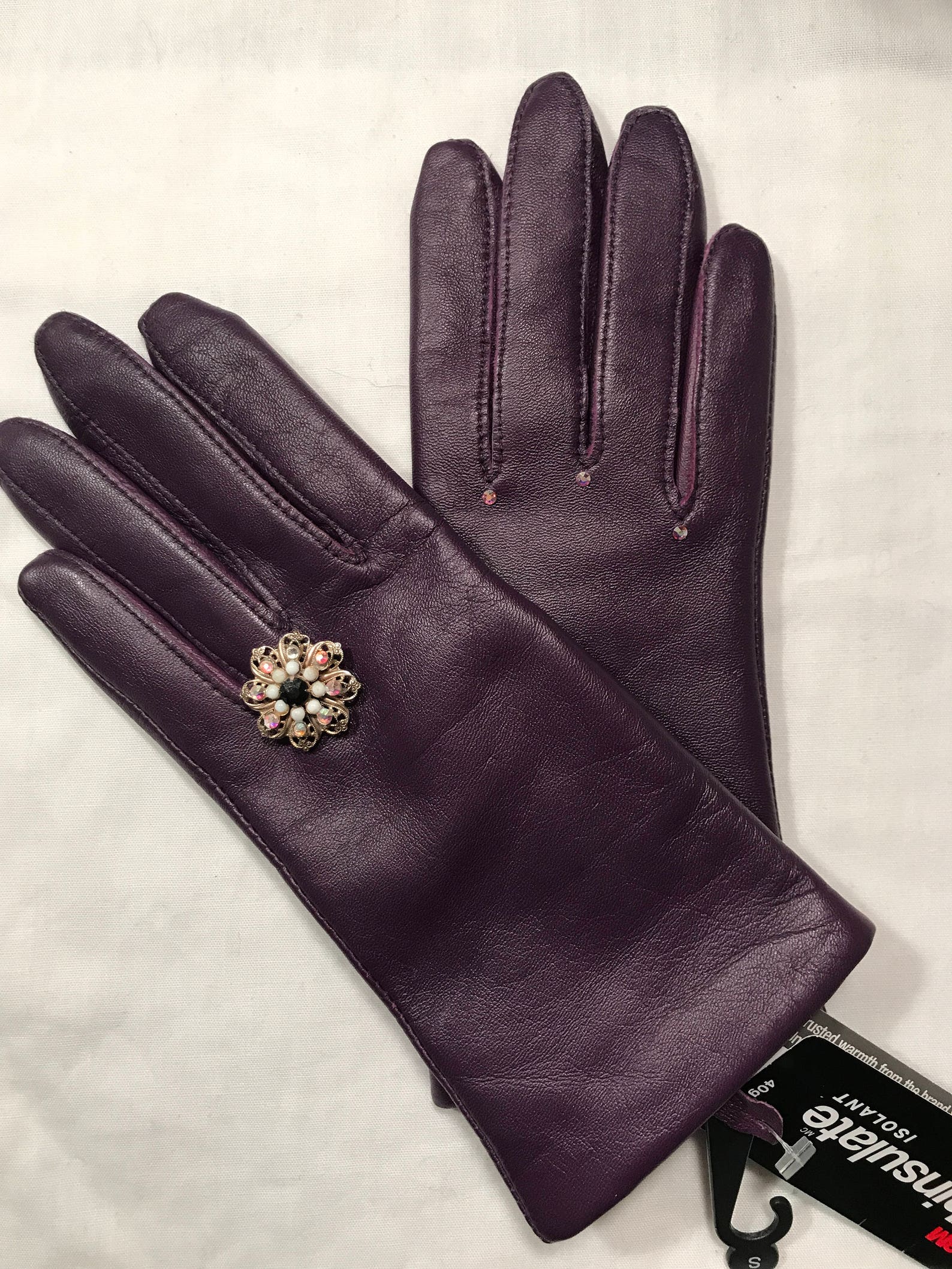 Purple Leather Gloves With Vintage Brooch. - Etsy