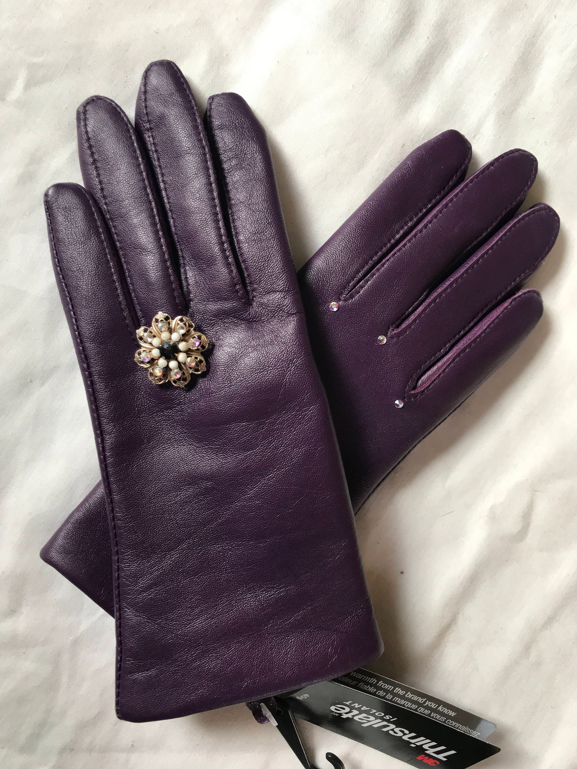 Purple Leather Gloves With Vintage Brooch. - Etsy