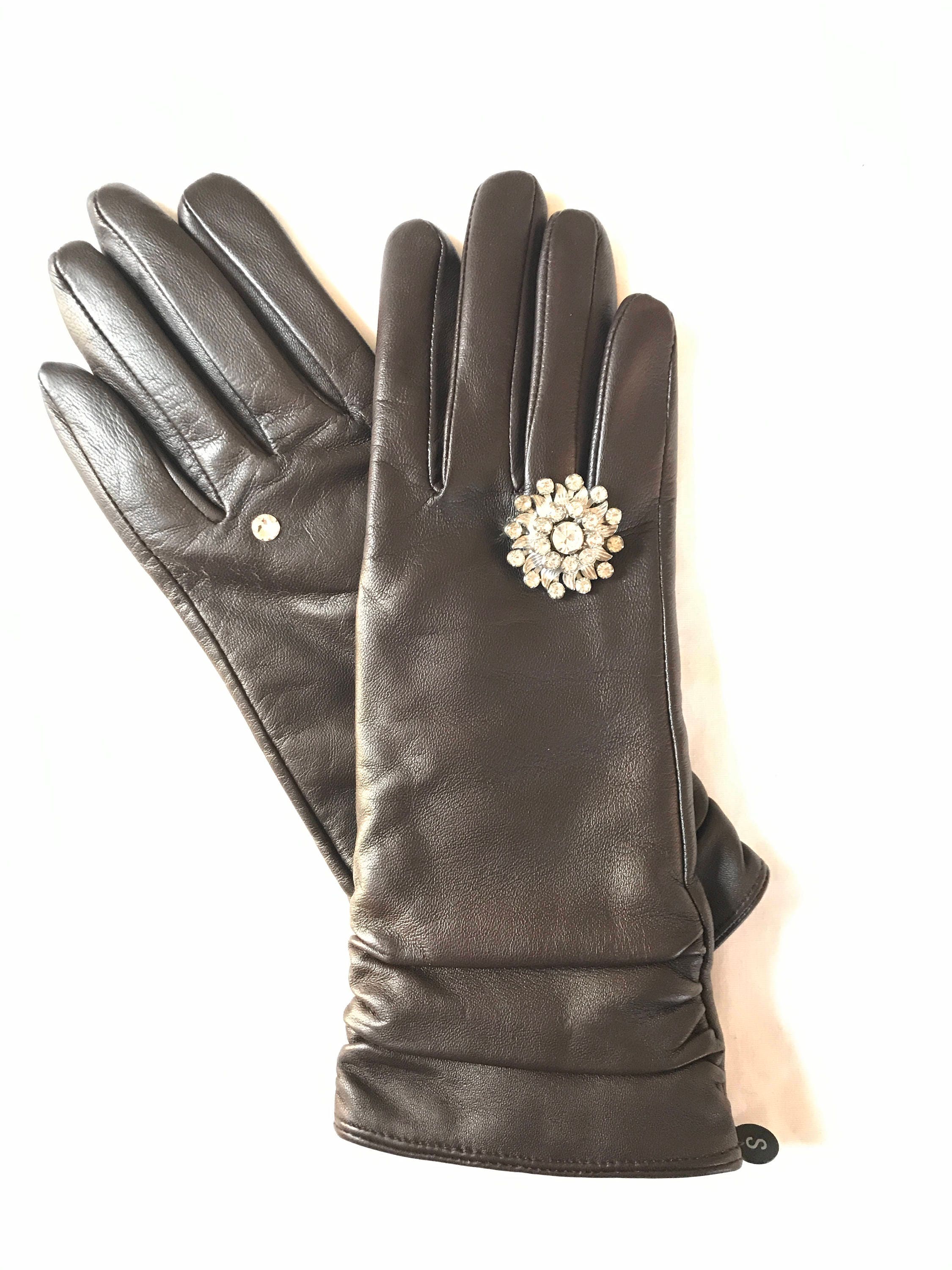 Dark Brown Leather Gloves with Vintage Brooch. Etsy