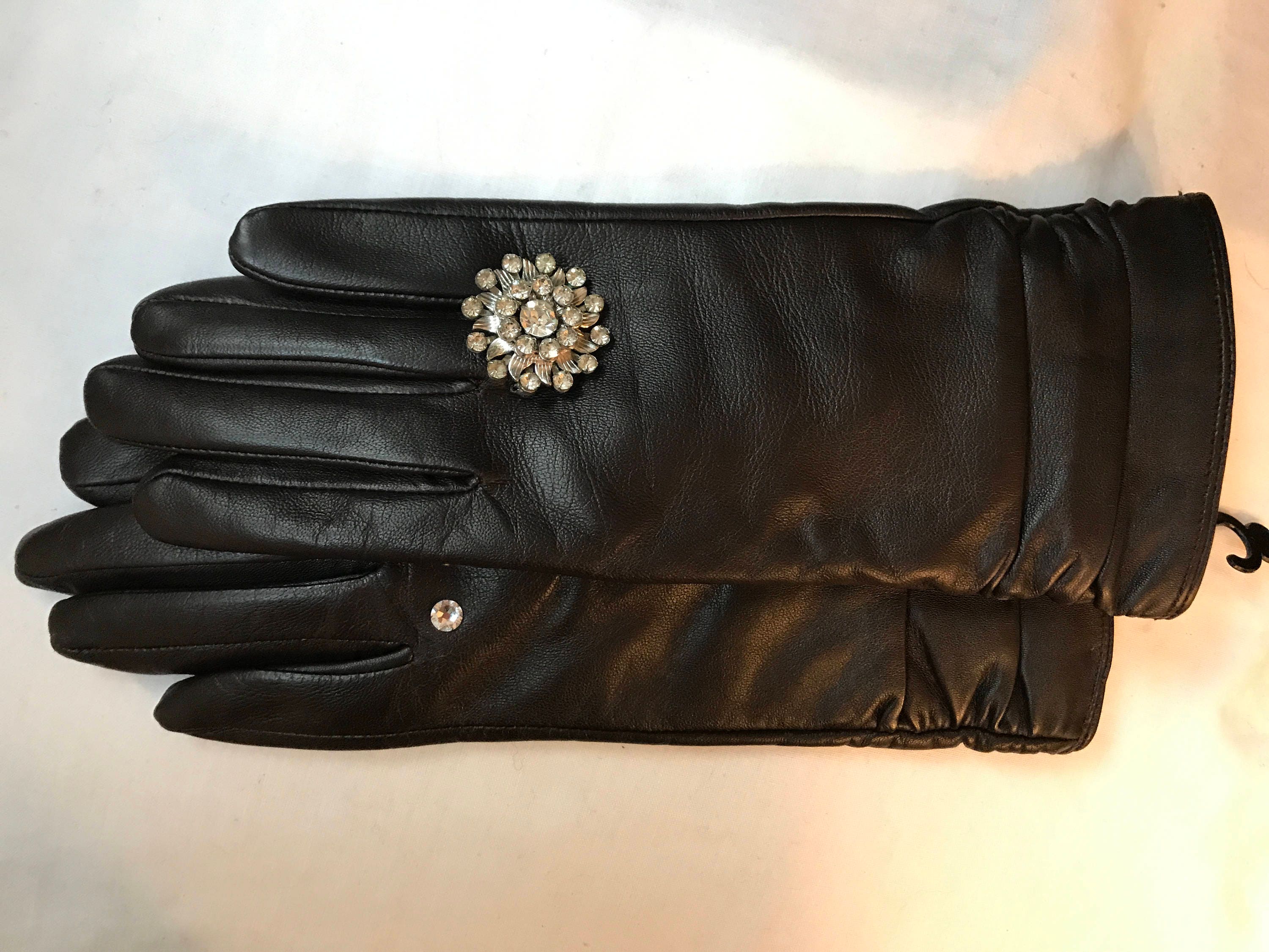 Dark Brown Leather Gloves with Vintage Brooch. Etsy