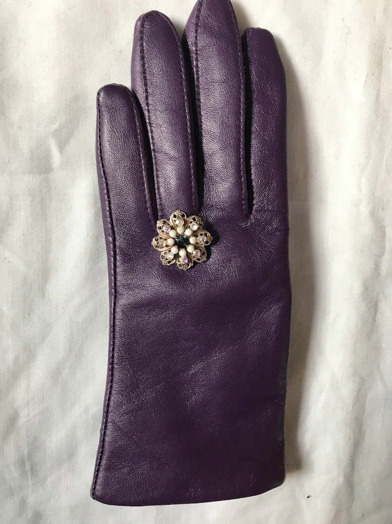 Purple Leather Gloves With Vintage Brooch. Etsy