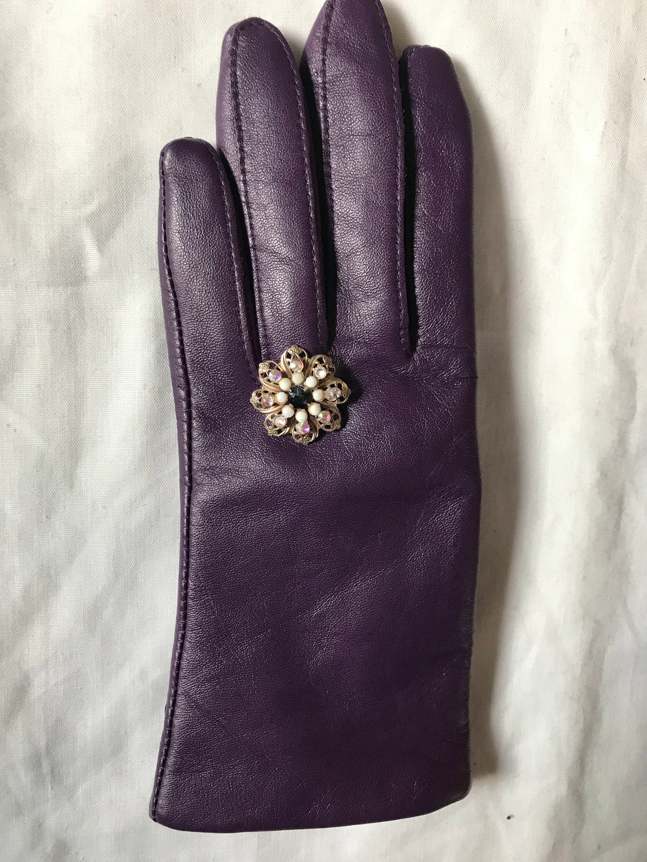 Purple Leather Gloves With Vintage Brooch. Etsy
