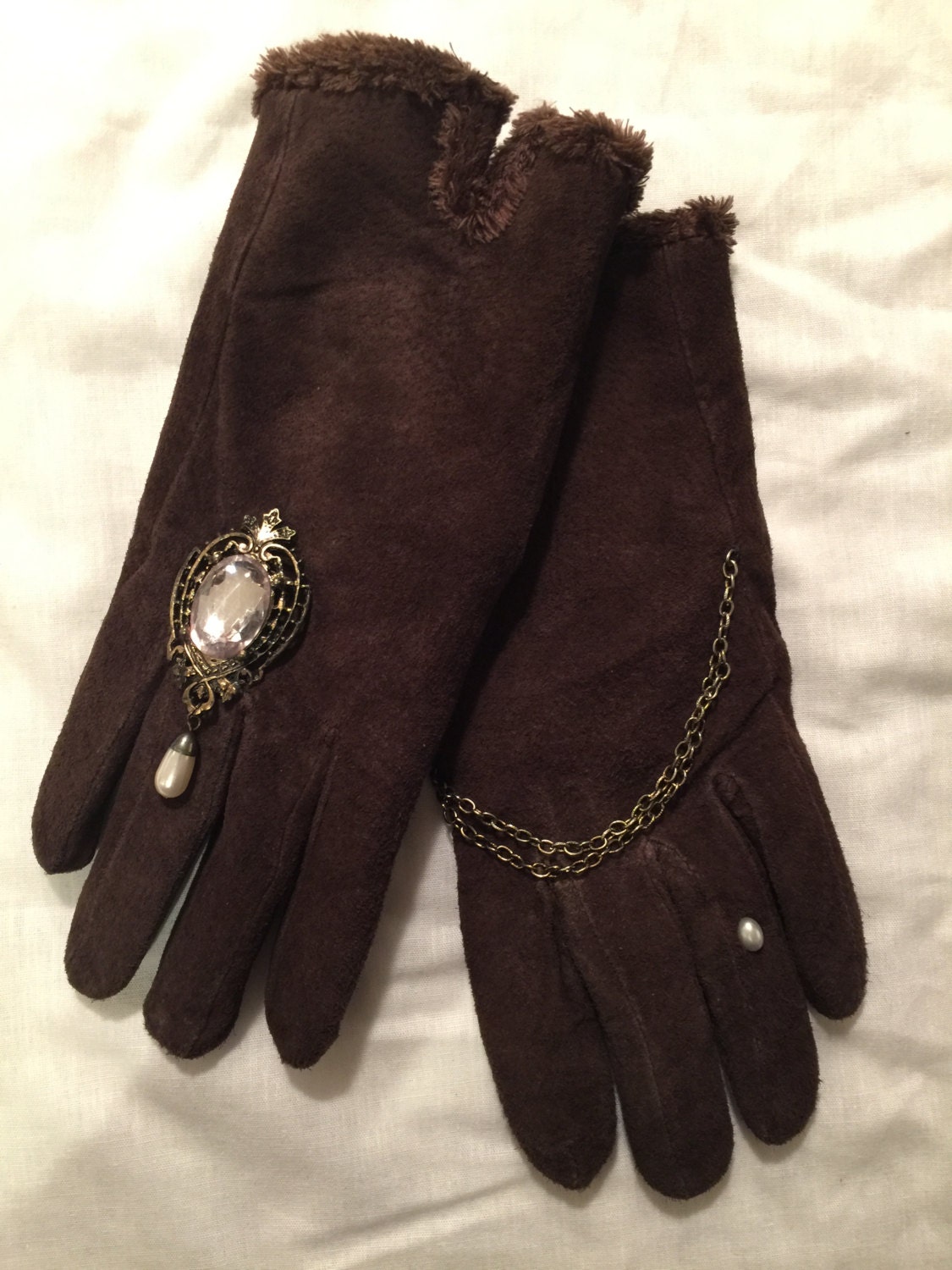 Brown Suede Winter Gloves With Antique Brooch Etsy