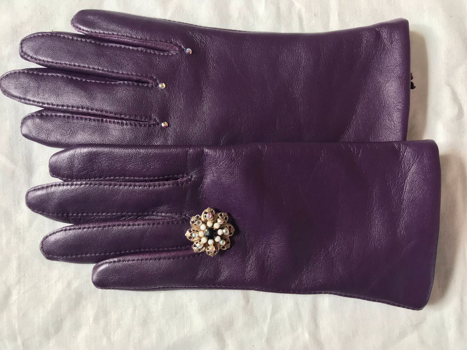 Purple Leather Gloves With Vintage Brooch. Etsy