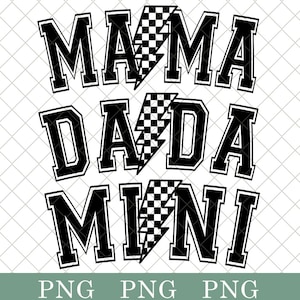 Op de afbeelding: Zwart-wit grafisch ontwerp met de tekst "Mama Dada Mini" in een vet, blokkerig lettertype. De tekst is overlegd met een geruit bliksemontwerp.