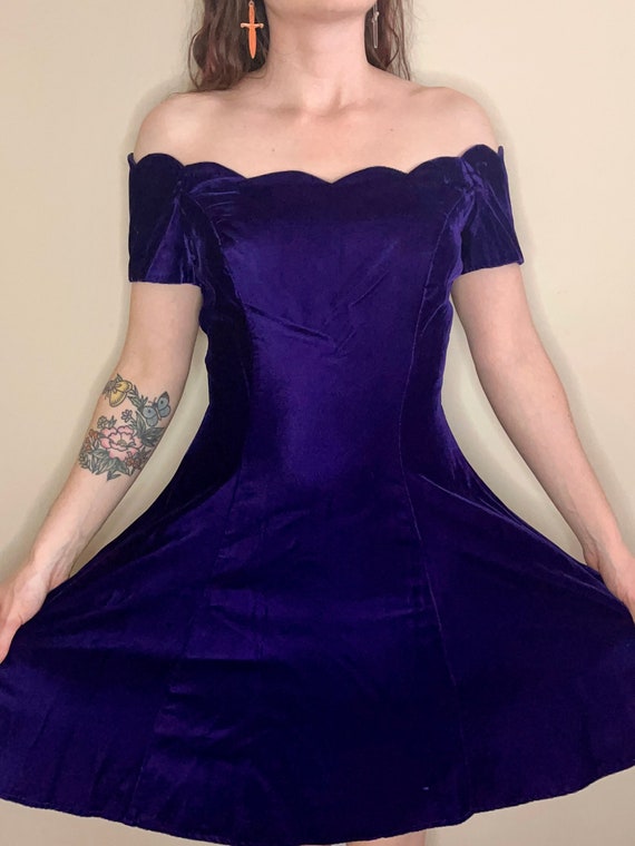 80s/90s Vintage Velvet Purple Skater Dress, 80s Dr