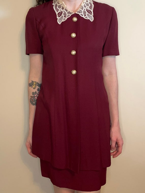 1980s Mod Maroon Dress with Lace Collar, Mod Dress