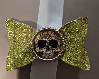 Skull Bottle Cap Green Glitter Hair Bow