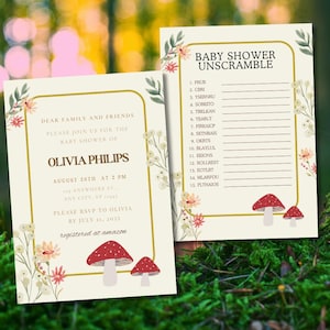 Mushroom Baby Shower Invite and Games, 5x7 Digital Download