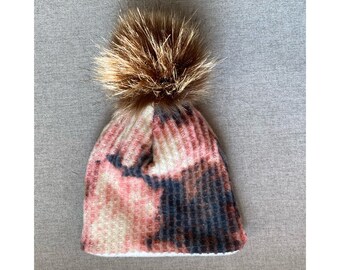 Waffle knit tie dye slouchy beanie with removable pom