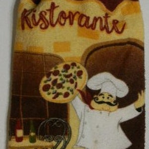 Toalla de cocina colgante de un solo lado de Pizza Chef, color negro exclusivo con parte superior de crochet y cierre de botón