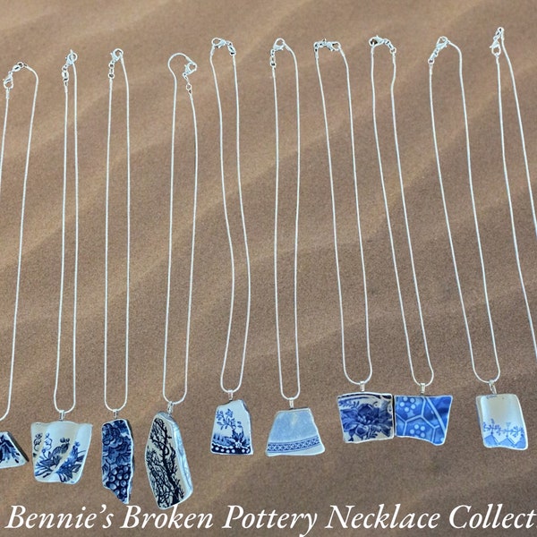 Bennie's  Broken Pottery Necklace Collection, Blue and White Pottery Hand Made Using Vintage Pottery