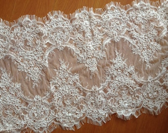 SALES!!! 3 meters/piece Ivory Alencon Lace Hem, Alencon Wedding Dress Shawl Fabric Lace, Bilateral Alencon Chantilly Lace Trim For Veil