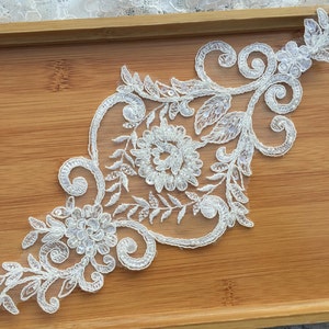 Beaded and Sequined Ivory Lace Applique//Bridal Alencon Lace Applique//Bridal Piece Applique