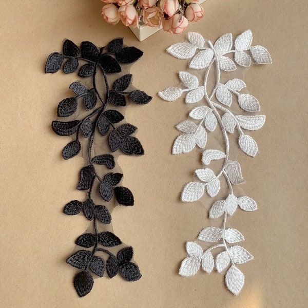 Recommand Quality Black and Ivory Lace Applique, Leaves Lace Applique, Sell By Miror Pair