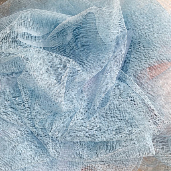 Tissu en tulle à pois bleu clair doux pour robe de mariée/ robe de voile/soirée