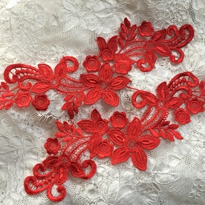 Light Ivory and Red Venise Embroiery Lace Applique//Floral Design// by Mirror Pair