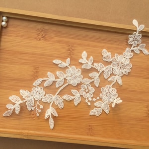 New Ivory Alencon Lace Applique, Floral Bridal Lace Applique, Sell By Mirror Pair
