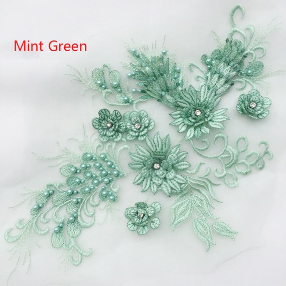 11 Colours Pearl Bridal Lace Applique Embroidery Corded Wedding Dress Motif 1 PC