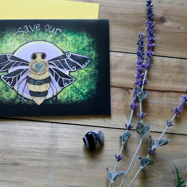 Greeting Card: Save Our Bees / Honeybees / Awareness / Nature / Chalk Art / Insects / Bugs / Green / Yellow / Artwork Print / Blank / 5 x 7
