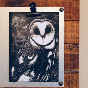 Greeting Card: Barn Owl / Etching / Feathers / Black & Cream / Border / Nature / Detailed / Artwork Print / Illustration / Blank / 5 x 7