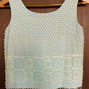 Hello 1960s! Baby Blue Beaded Tank Top w/Beaded Fringe Hemline SIZE XSP