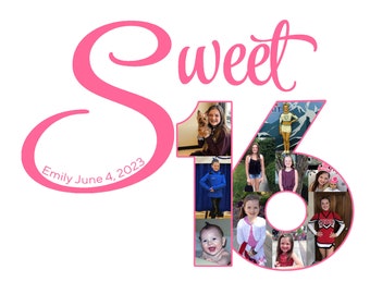 Sweet 16 Birthday Photo Collage, Birthday Personalized Gifts, Pictures Collage, Personalized Collage, Collage Number