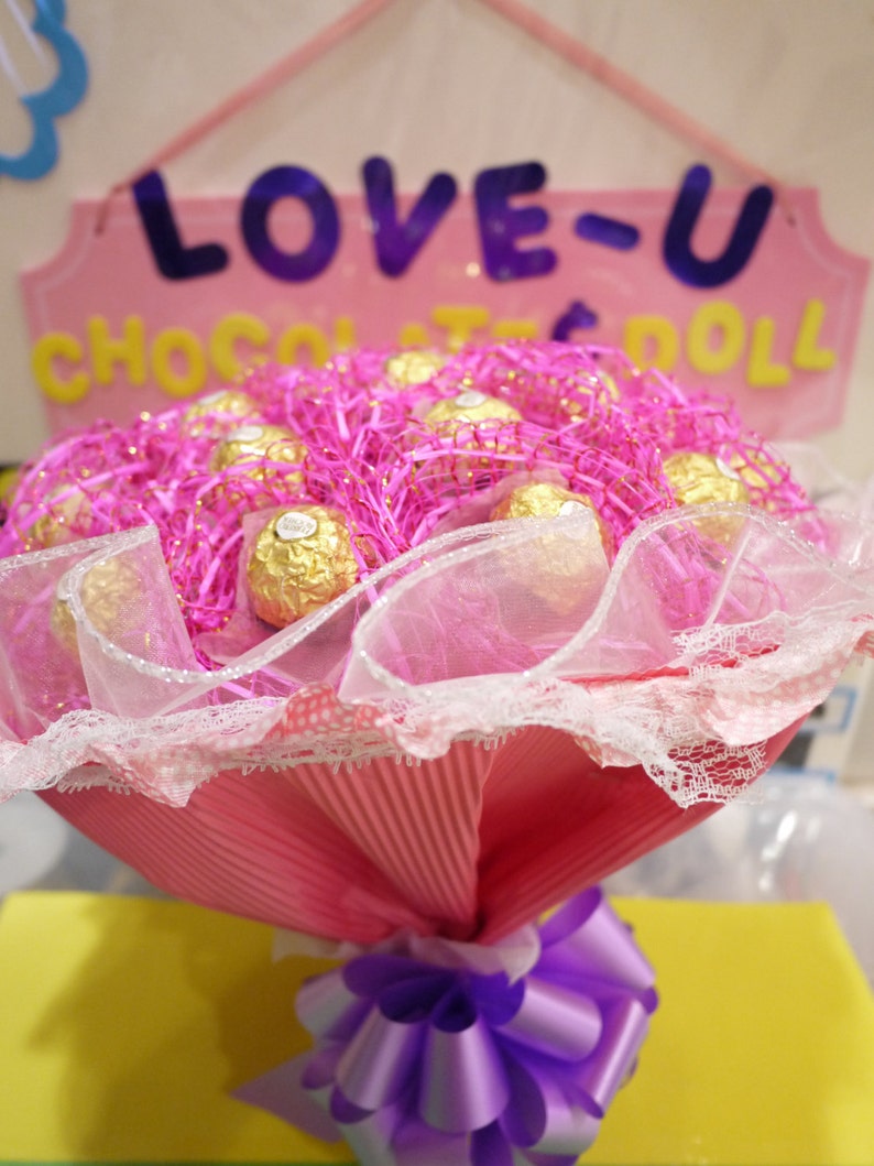 Pink Ferrero Rocher Chocolate Bouquet. Birthday gift that