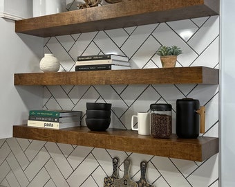 MEDIUM SIZE | Custom Wood 3-inch Thick Floating Shelves | Dark Walnut Colored Shelves | Built In Cabinet Shelves | Large Floating Shelf
