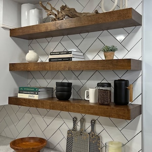 MEDIUM SIZE | Custom Wood 3-inch Thick Floating Shelves | Dark Walnut Colored Shelves | Built In Cabinet Shelves | Large Floating Shelf