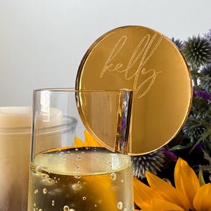 BULK QTY 50 | Custom Gold Mirrored Acrylic Drink Markers | Personalized Drink Tags | Wedding Champagne Wall Tags | Wedding Favor