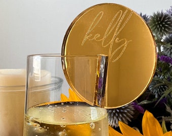 BULK QTY 50 | Custom Gold Mirrored Acrylic Drink Markers | Personalized Drink Tags | Wedding Champagne Wall Tags | Wedding Favor