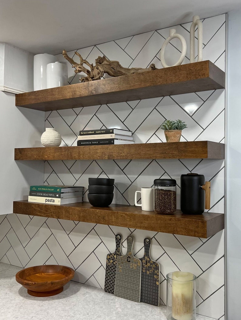 MEDIUM SIZE | Custom Wood 3-inch Thick Floating Shelves | Dark Walnut ...