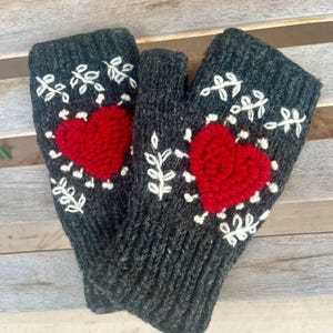 Wool Fingerless Fleece Lined Gloves With Heart