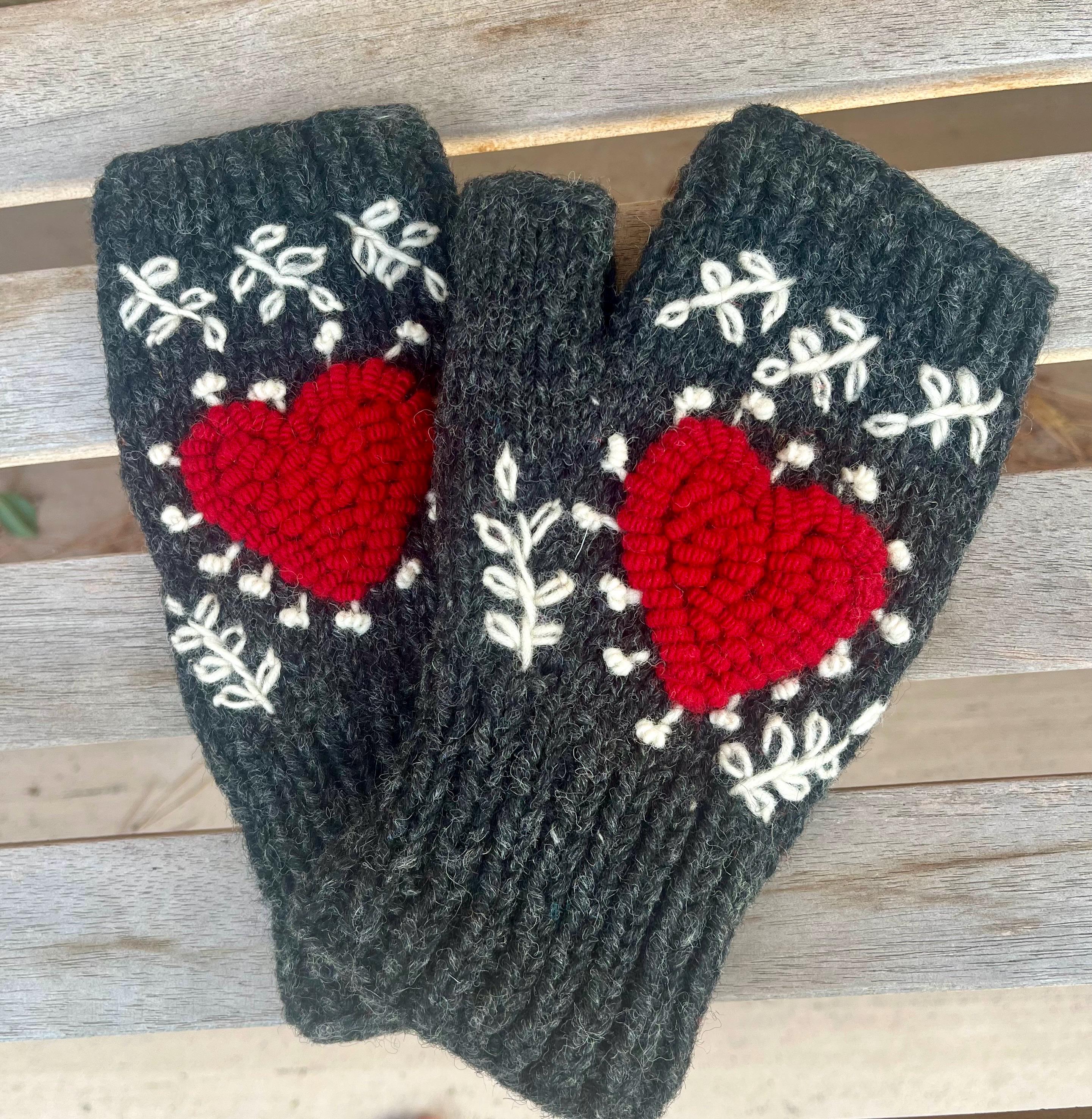 Wool Fingerless Fleece Lined Gloves With Heart